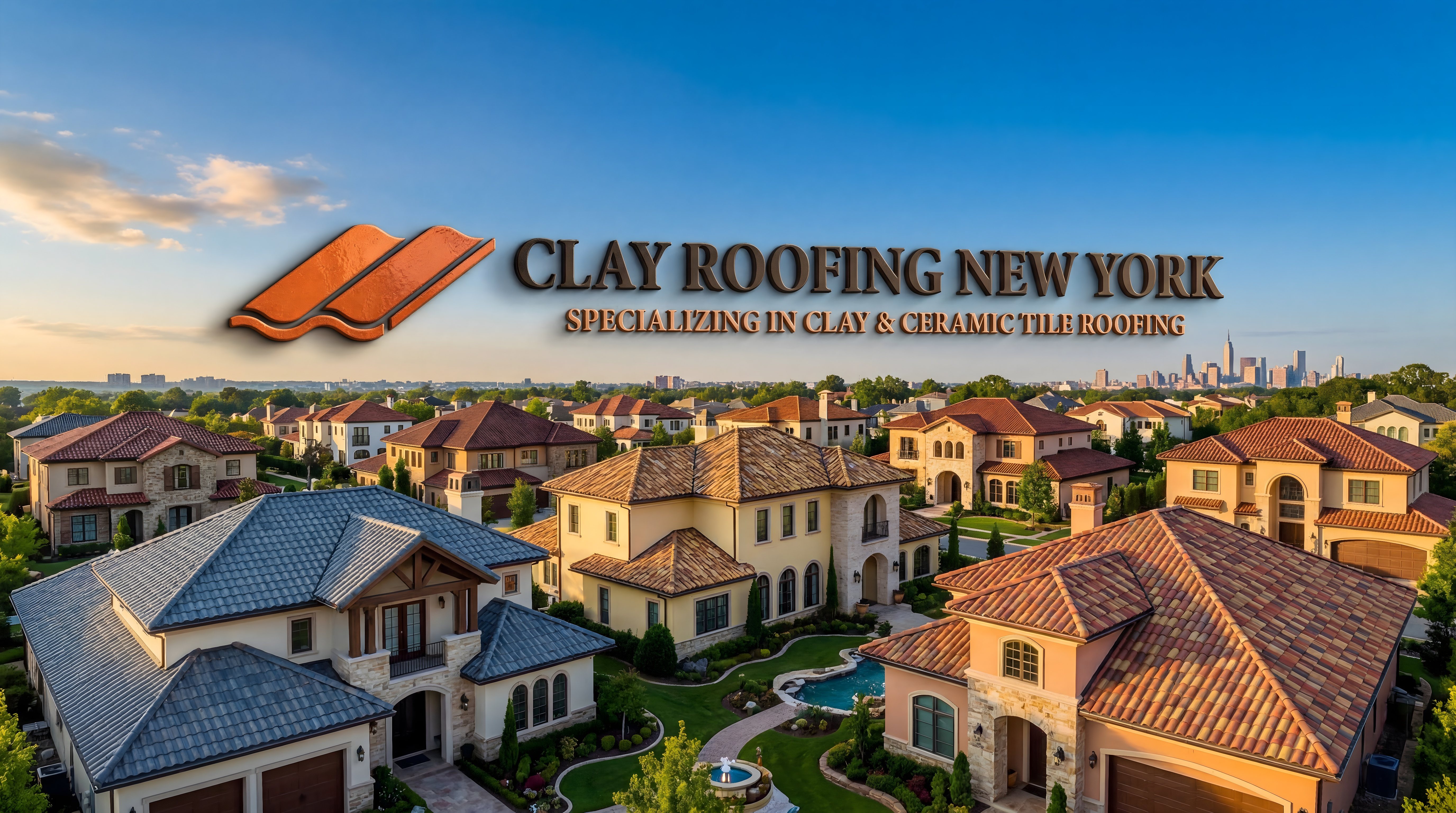 Aerial view of luxury homes featuring premium clay and ceramic tile roofs installed by Clay Roofing New York